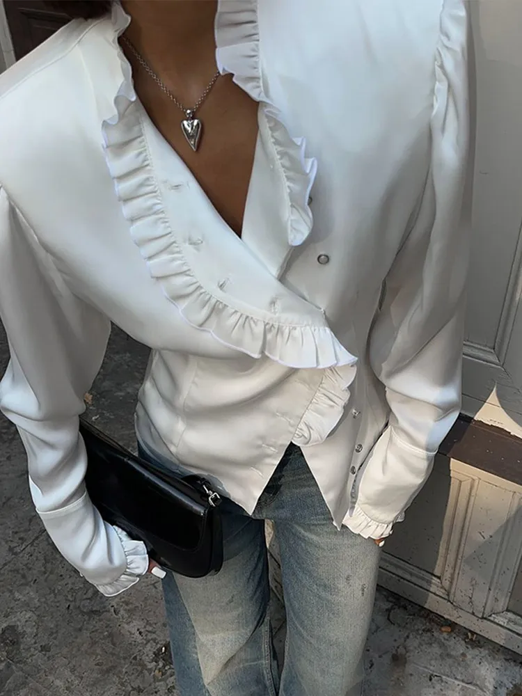 2025 Chic White Ruffled V Neck Split Women's Blouse Fashion Flare Sleeve Single Breasted Shirts Lady Spring Commute Street Top