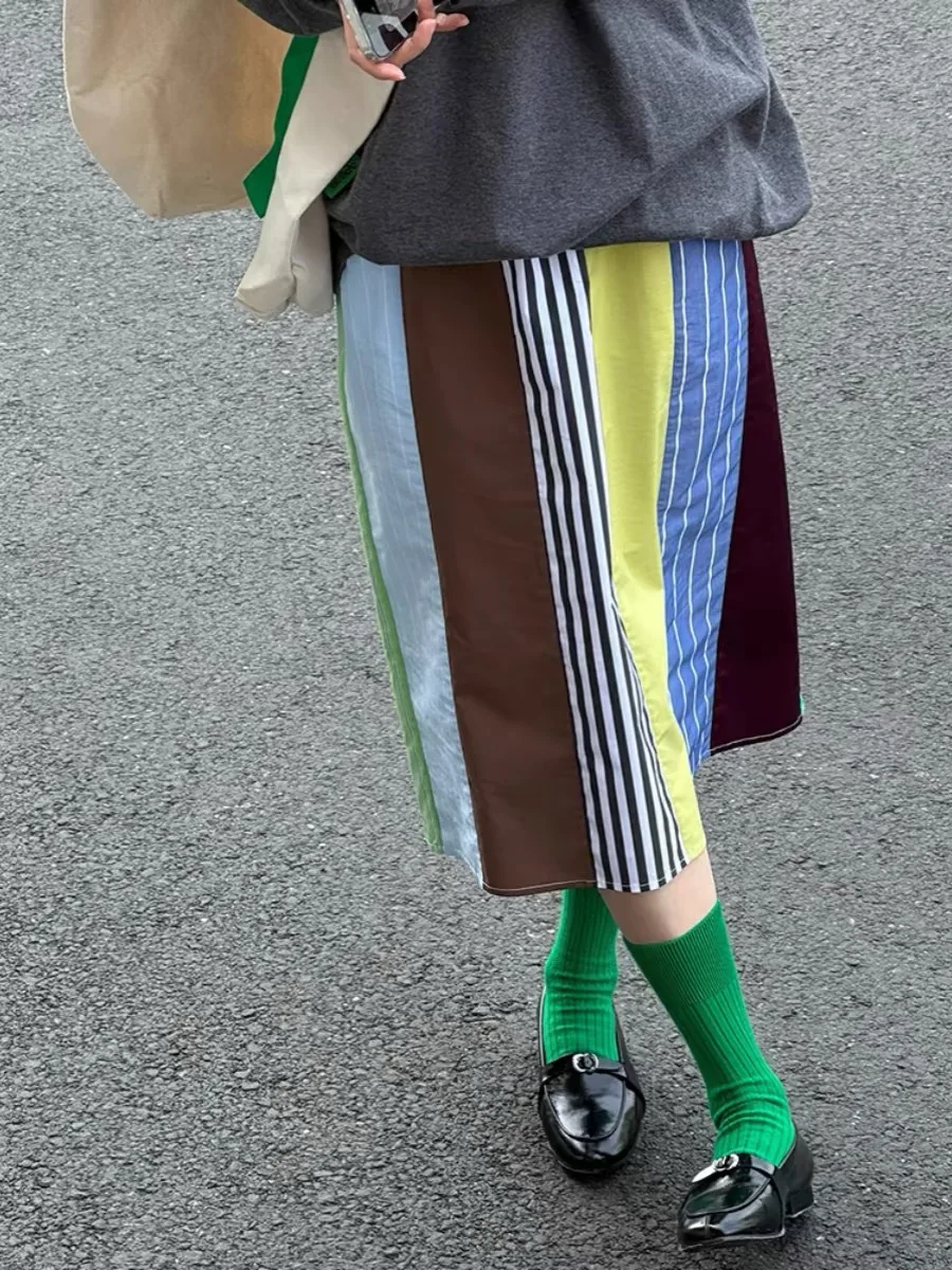 

High Waist Striped Print Color Blo Faionable Women's Skirt Spring Summer Slimming Sli Long Skirt Korean Sle