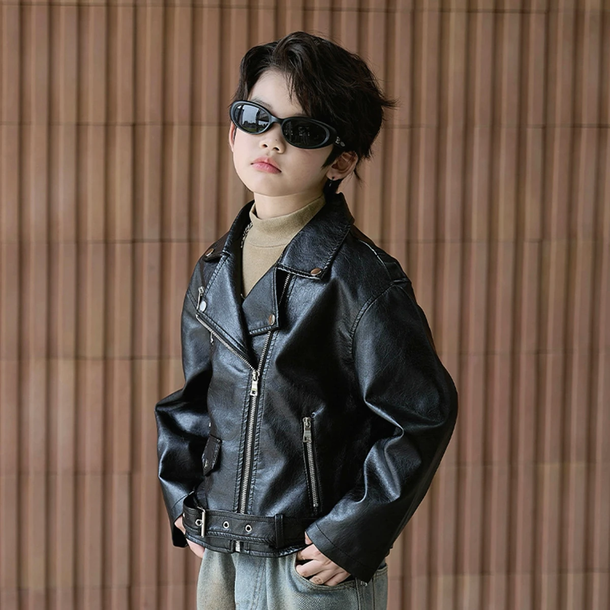 Teen Boys Biker Faux Leather Jacket Casual Cool Streetwear Fall School Kids Stand-collar Leather Coat Versatile Child Outerwear