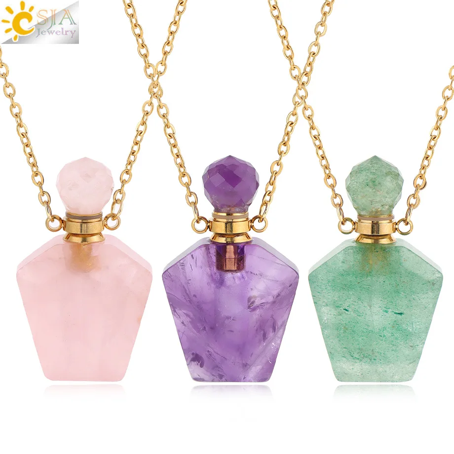 CSJA-collar con colgante de botella difusora de Perfume de piedra Natural, energía, cristal rosa, frasco de aceite esencial, regalo de joyería H540