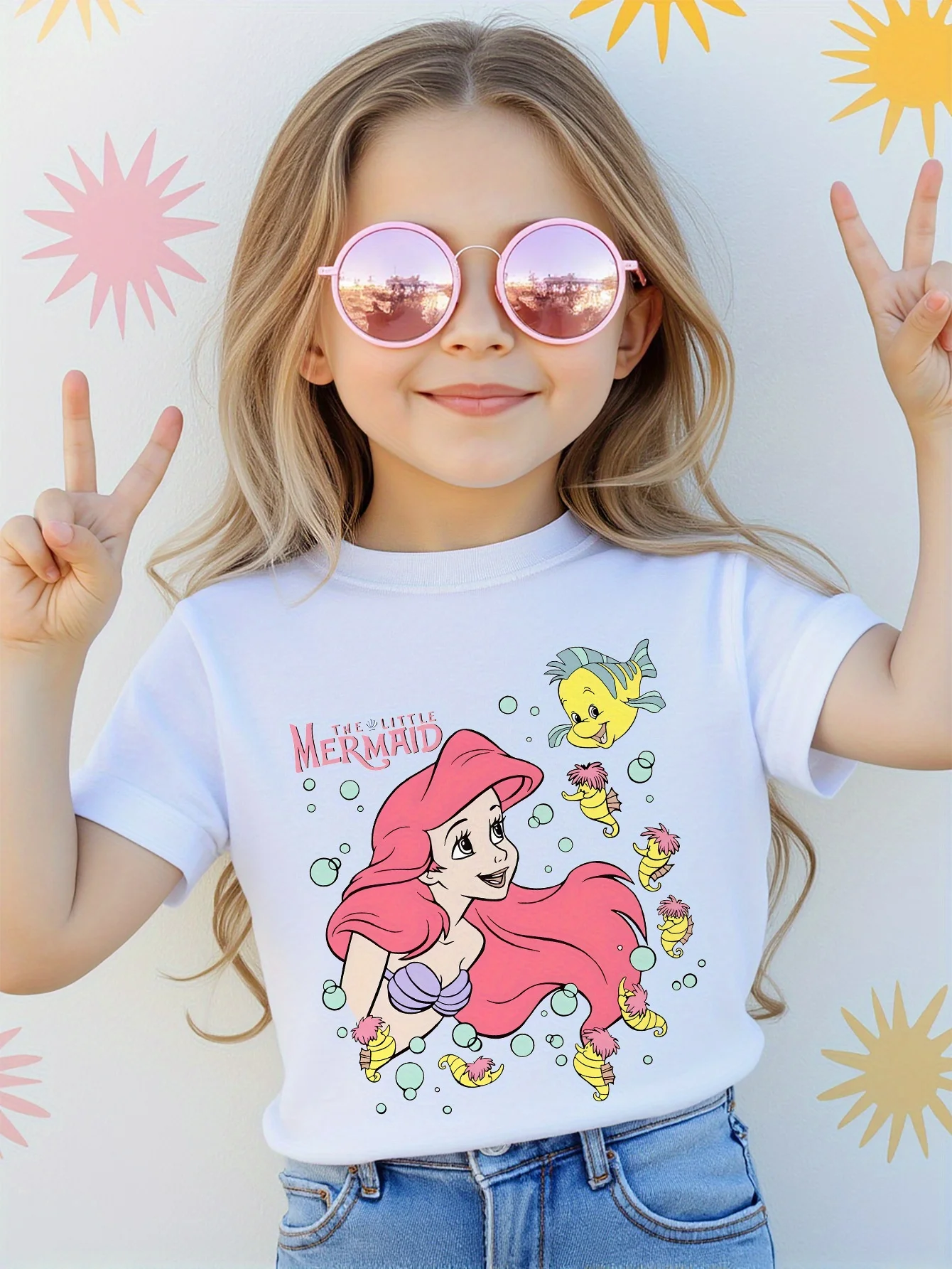 

Футболка с изображением Русалочки для девочек, хлопковые футболки с короткими рукавами, детские топы с героями мультфильмов Disney Y2k, футболка для мальчиков и девочек, детская одежда