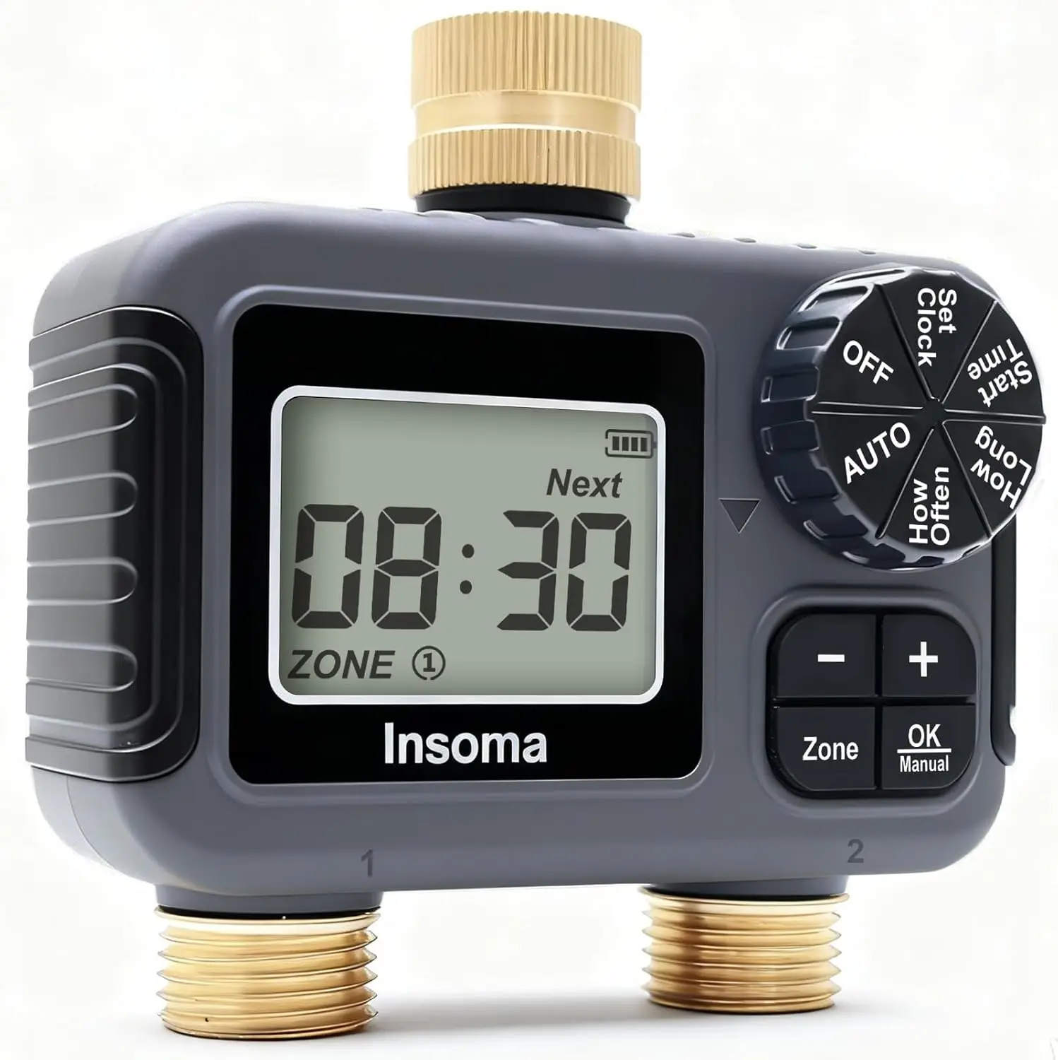 

Таймер для полива с 2 выходами и латунными портами, автоматический/ручной режимы и функция отсрочки полива при дожде, для садового шланга, водонепроницаемый IPX5, экономия воды