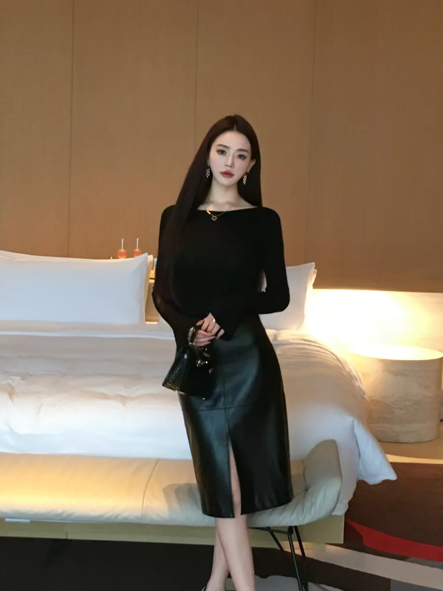 

Faionable eepskin Skirt Women's Simple High Waist Slim Fit Leather Skirt Casual Commute Sle mid Stretch Elastic