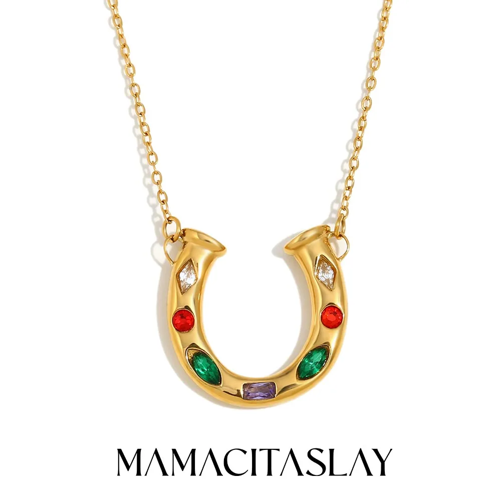 MamacitaSlay New Trend Stainless Steel Zircon U-shaped Necklace Party Waterproof Neck Jewelry Women's Simple Elegant Necklace