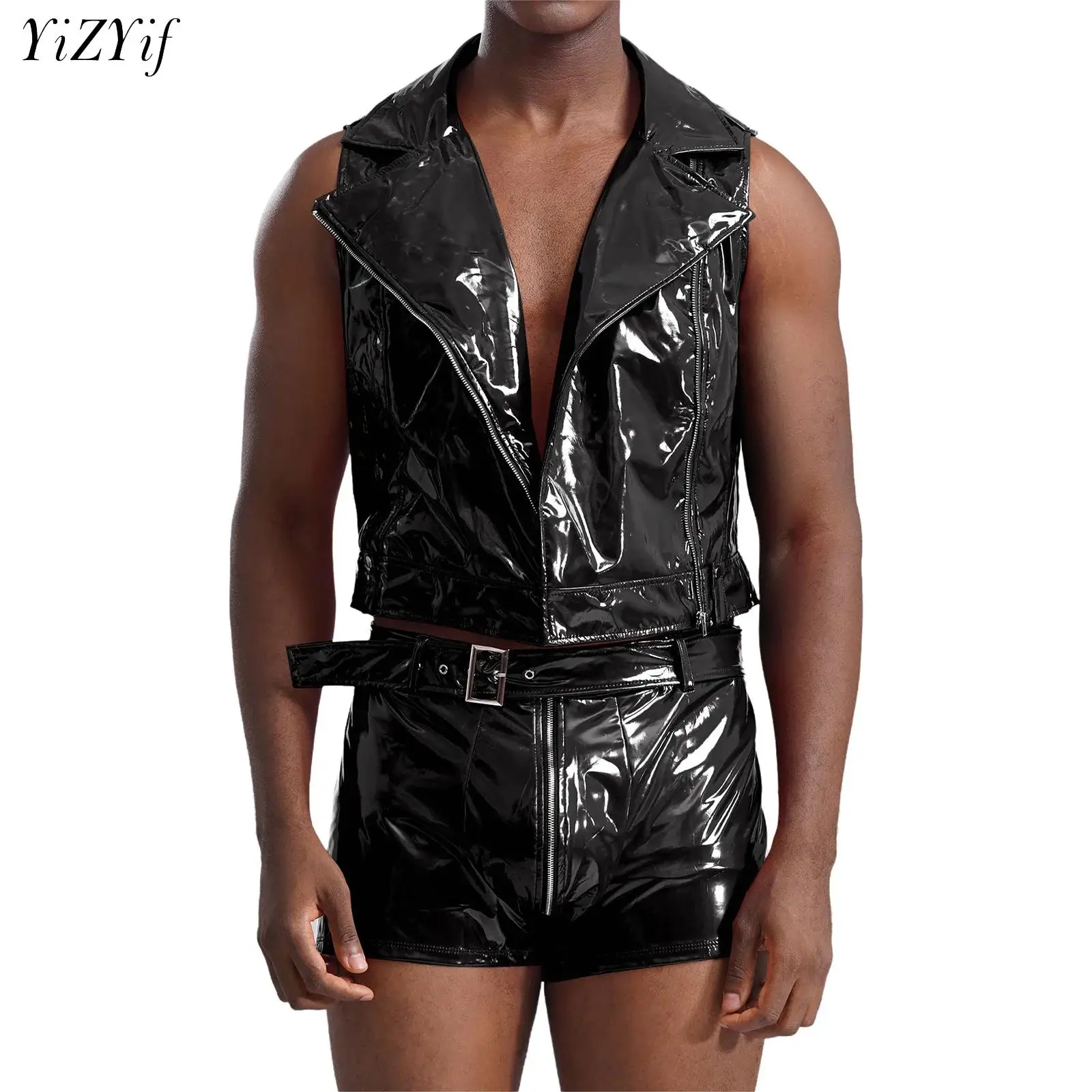 

Men Wet Look Patent Leather Clubwear Outfit Sleeveless Tank Top with Belt Boxer Shorts for Nightclub Festival Rave Party Dancing