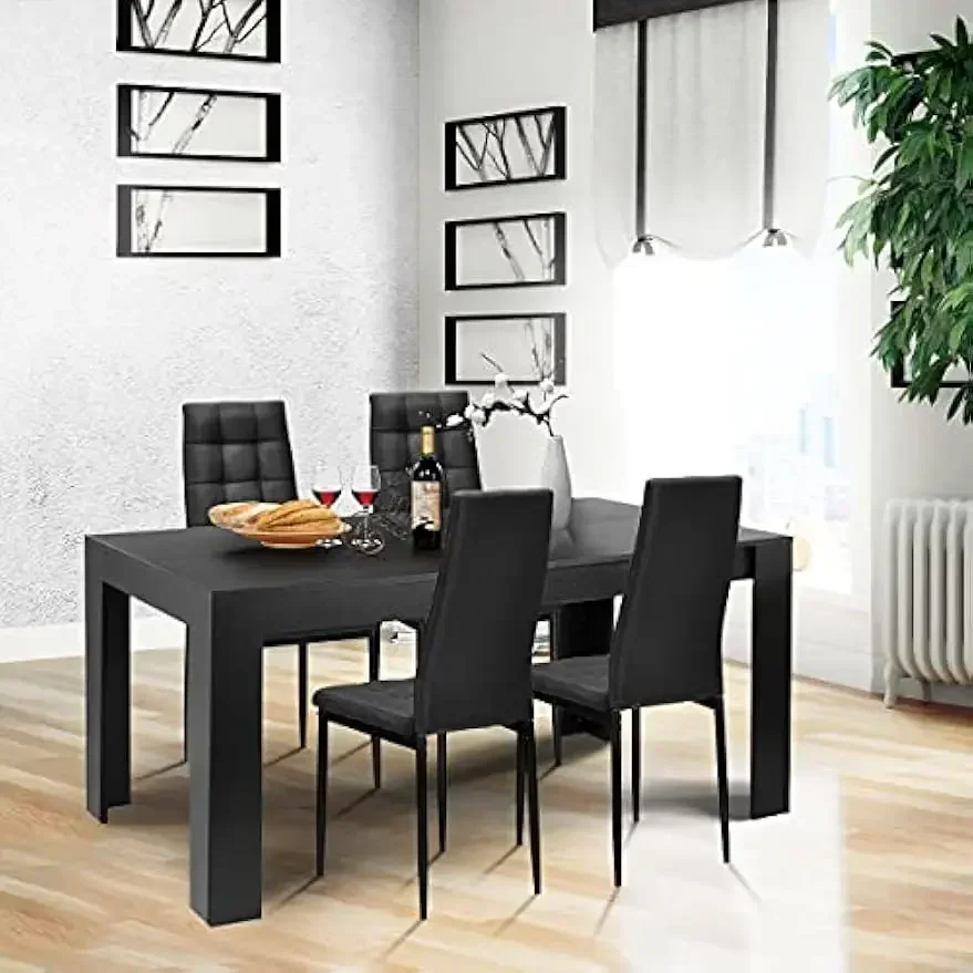 9 Pcs Dining Table Set, Wood Rectangular Table with 8 Upholstered Chairs Set, Modern Kitchen Table Set, Black Dining Room