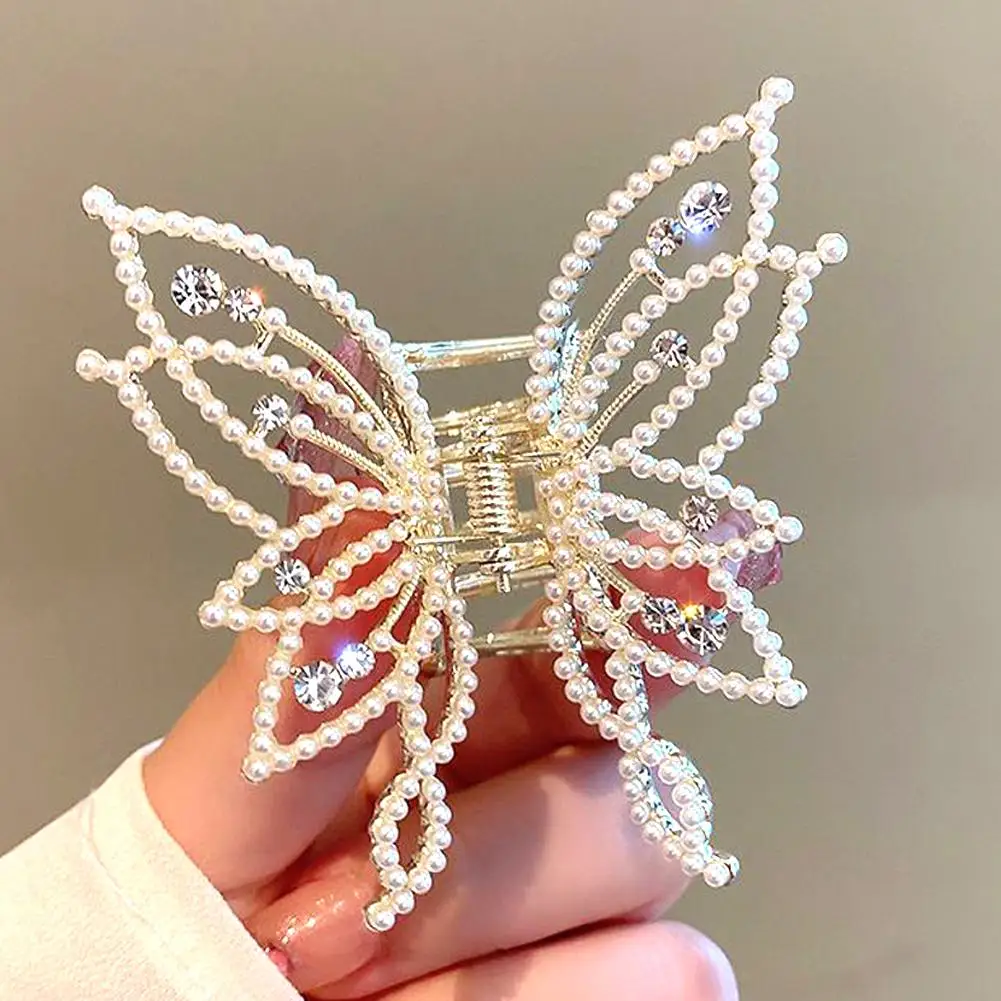 Garra para el cabello estilo mariposa para cabello fino y grueso, antideslizante, brillante, perlas de diamantes de imitación, decoración, accesorios para el cabello para mujer, L5Z0