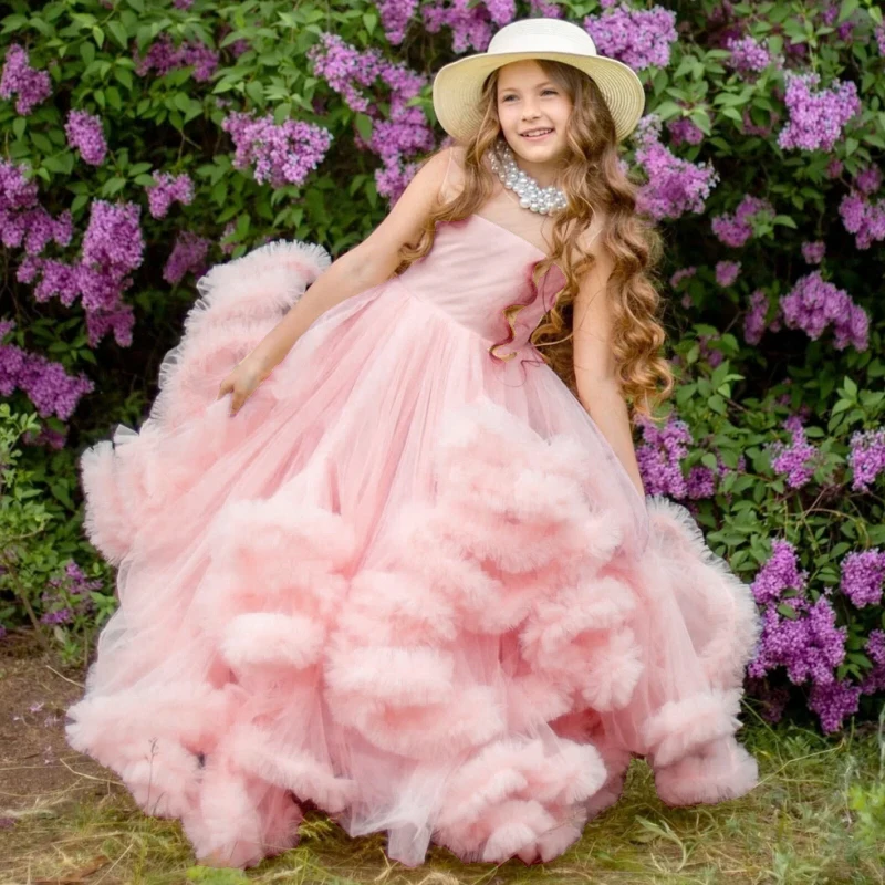 Flower Girls Dresses Pink Tulle Puffy Tiered Sleeveless For Wedding Birthday Party Banquet Holy Communion Gowns