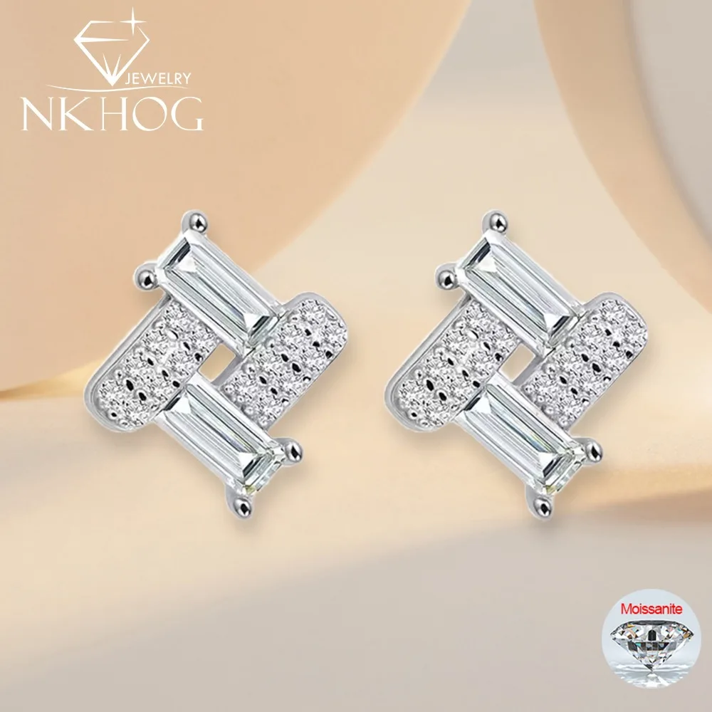 

NKHOG Full GRA Certified Moissanite Stud Earrings Women S925 Silver Rectangle Diamond Ear Stud Wedding Party 18K Plated Jewelry