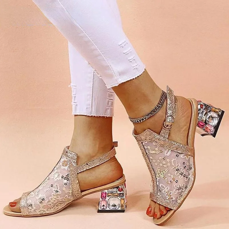 

2025 New Women Summer Fashion Mid Heels Peep Toe Shoes for Women Glitter Sandals Ladies Buckle Strap Bling Rhinestone Sandals