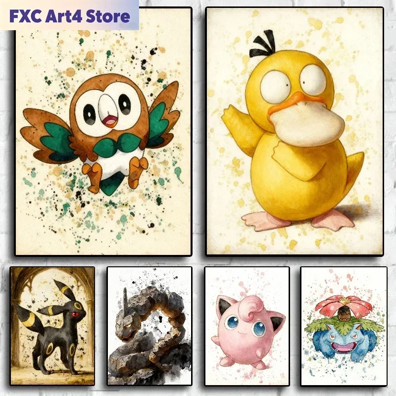Arte de pared en lienzo con acuarela de Pokemon sin marco, póster de Rowlet Psyduck Umbreon Onix Jigglypuff para decoración de dormitorio de niños