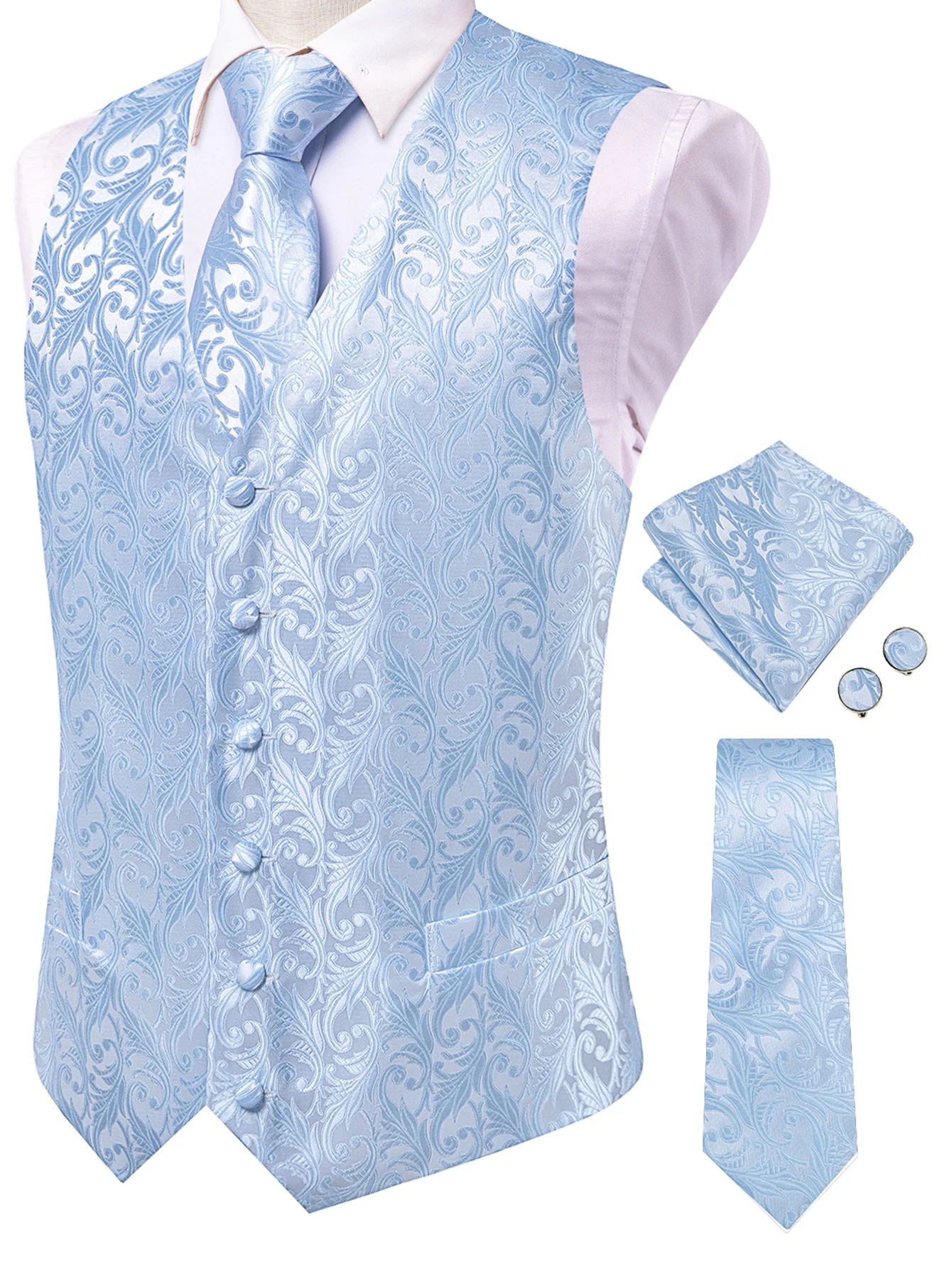 Herren Orange Blau Schwarz Tropische Pflanzen Jacquard Anzugweste Taschentuch Manschettenknöpfe 4-teiliges Set für Hochzeitszeremonien – Detail 9