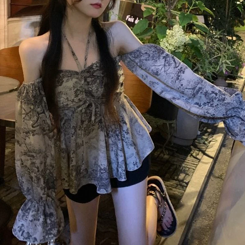 Women Sexy Off Shoulder Backless Halter Drawstring Blouse Spring Summer Trendy Print Chic Shirt Long Sleeve Slim Y2K Tops Blusas