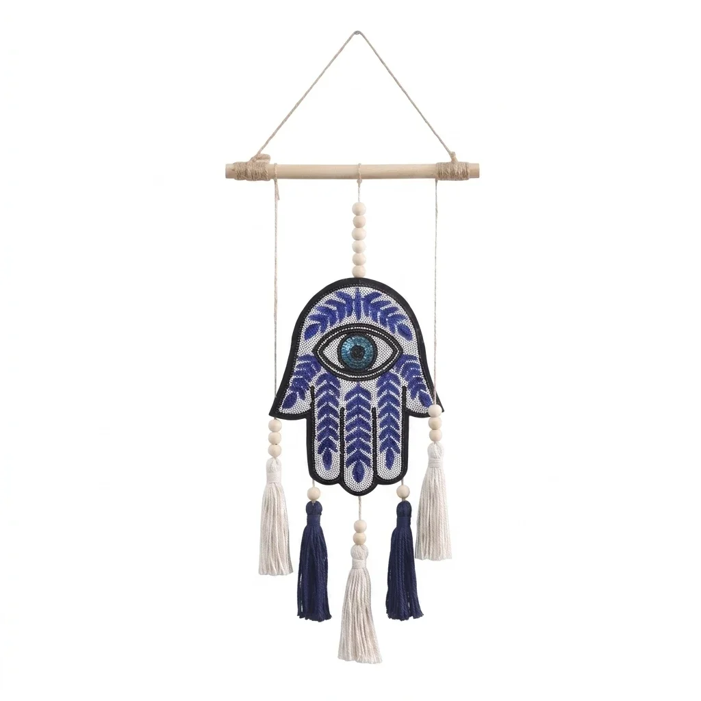 Wall Hanging Decor Cotton Bead Tassel Boho Fatima Eye Art Piece Protective Amulet for Bedroom Living Room Entryway Home