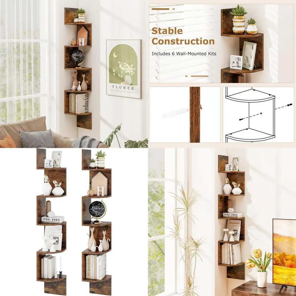 

5-ярусная настенная плавающая книжная полка в индустриальном стиле, деревянный органайзер для хранения для гостиной и домашнего офиса