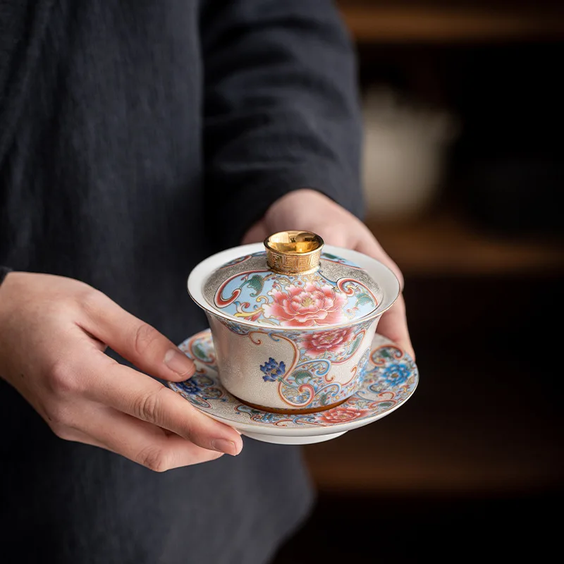 Handmade silver filigree three talent covered bowl tea cup, household ceramic kung fu tea set, painted gold enamel color tea mak