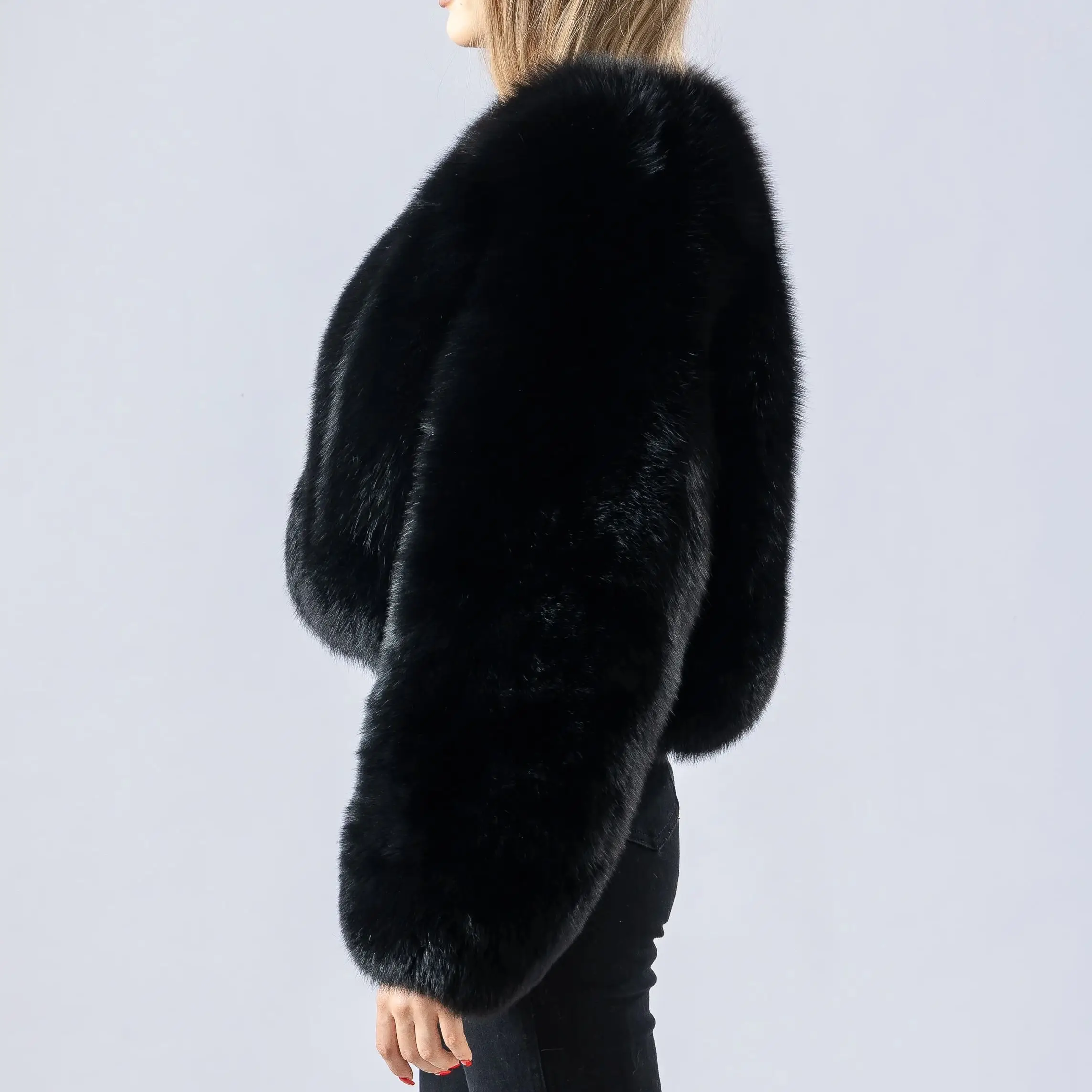 معطف قصير من فرو الثعلب الحقيقي بطول 45 سم وأكمام طويلة ناعمة ودافئة