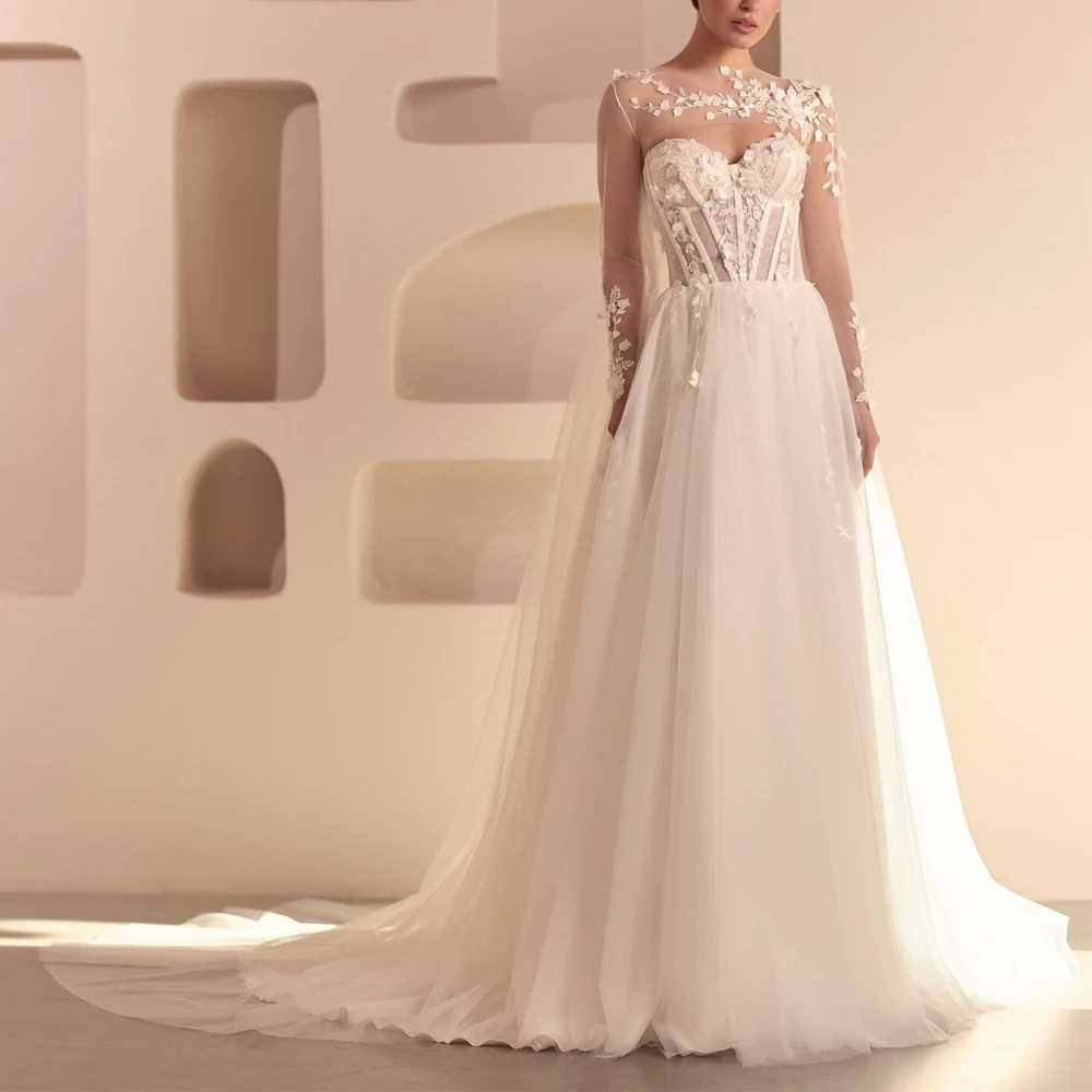 

Романтическое свадебное платье с корсетом по индивидуальному заказу и жакетом-накидкой Милое свадебное платье трапециевидной формы с кружевными аппликациями Boho robe de mariage