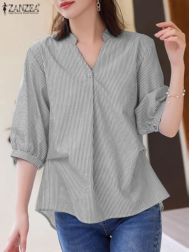 

ZANZEA Elegant OL Work Tops Fashion Women Striped Blouse Summer V Neck Half Sleeve Shirt Casual Stylish Party Blusas Chemise