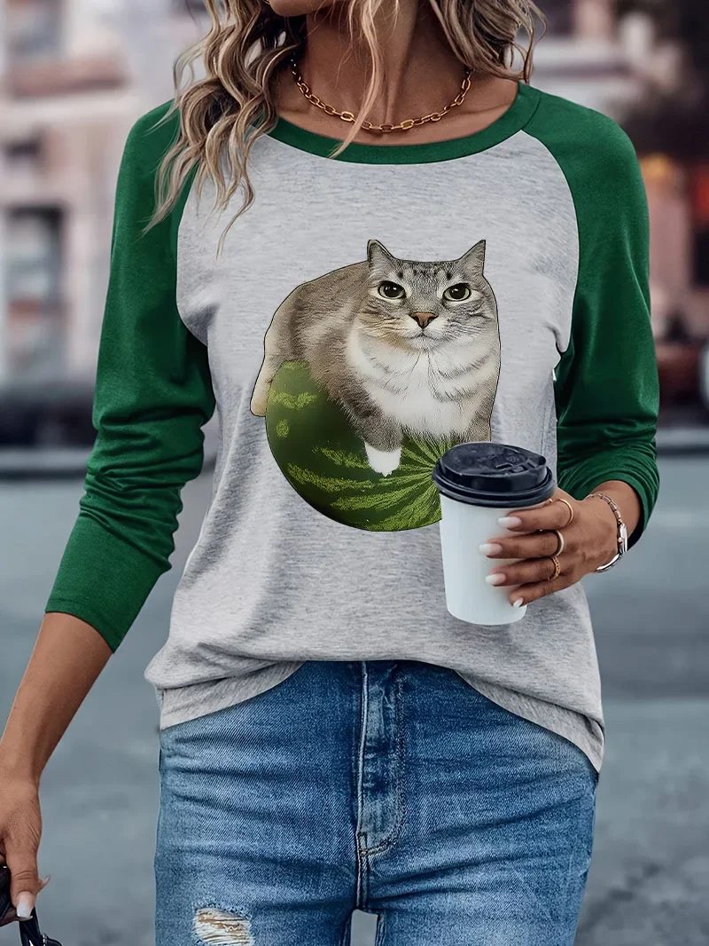 Kawaii Long Sleeve Tshirt Funny Watermelon Cat Meme Print Cute Cat T-shirt Graphic 90s  T Shirt Women Winter Autumn Clothing
