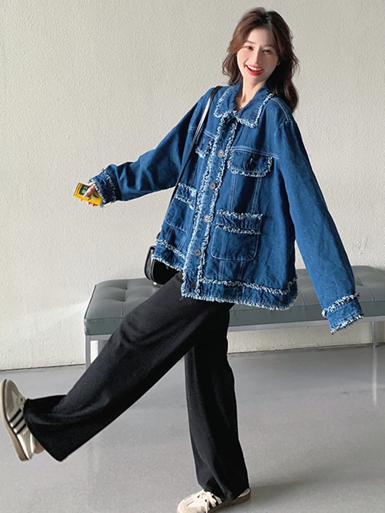 LANMREM Fashion Retro Denim Coat For Women Lapel Single Breatsed Raw Edge Personalized Jacket 2024 Autumn New Clothing 2Z2476