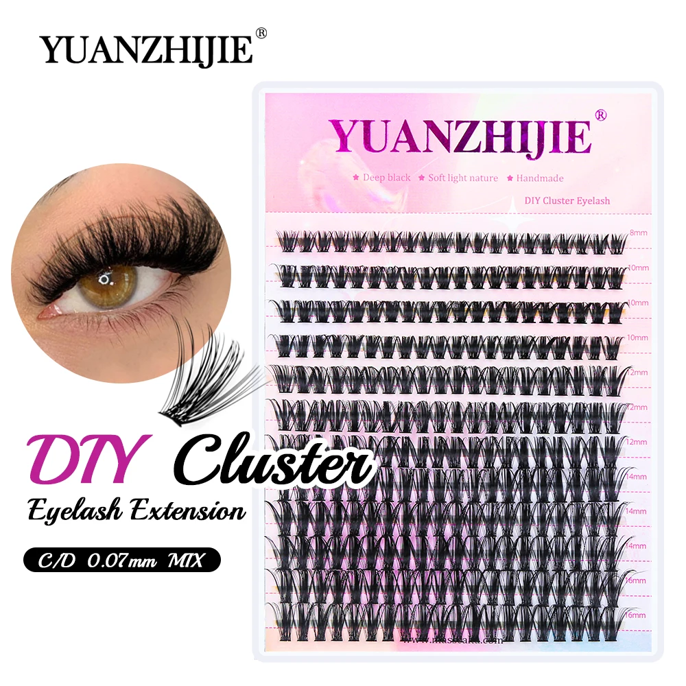 

YUANZHIJIE DIY Cluster Eyelash Extention 0.07mm 8-16mm Faux Mink Lash C D Curl Pre Cut Segment Strip Lashes Custom Packaging Box