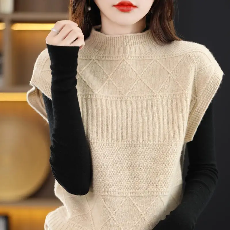 Fashion Stand Collar Knitted Casual Vest Sweaters Women Clothing 2023 Autumn Winter Oversized Commuter Pullovers Korean Tops