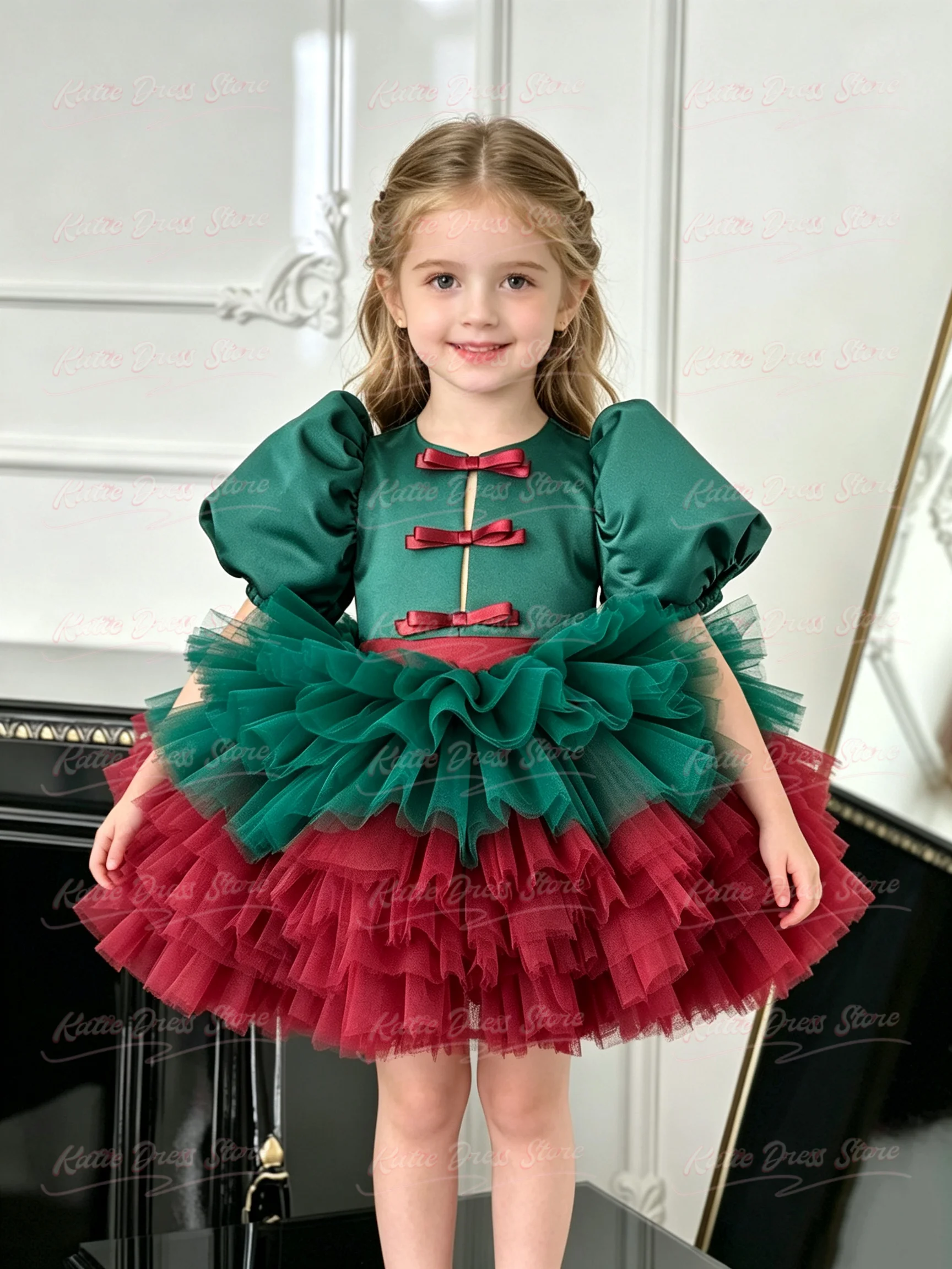 Customized Flower Girl Dress For Wedding Tulle Puffy Short Sleeve Knee Length Kids Birthday Party First Communion Ball Gowns