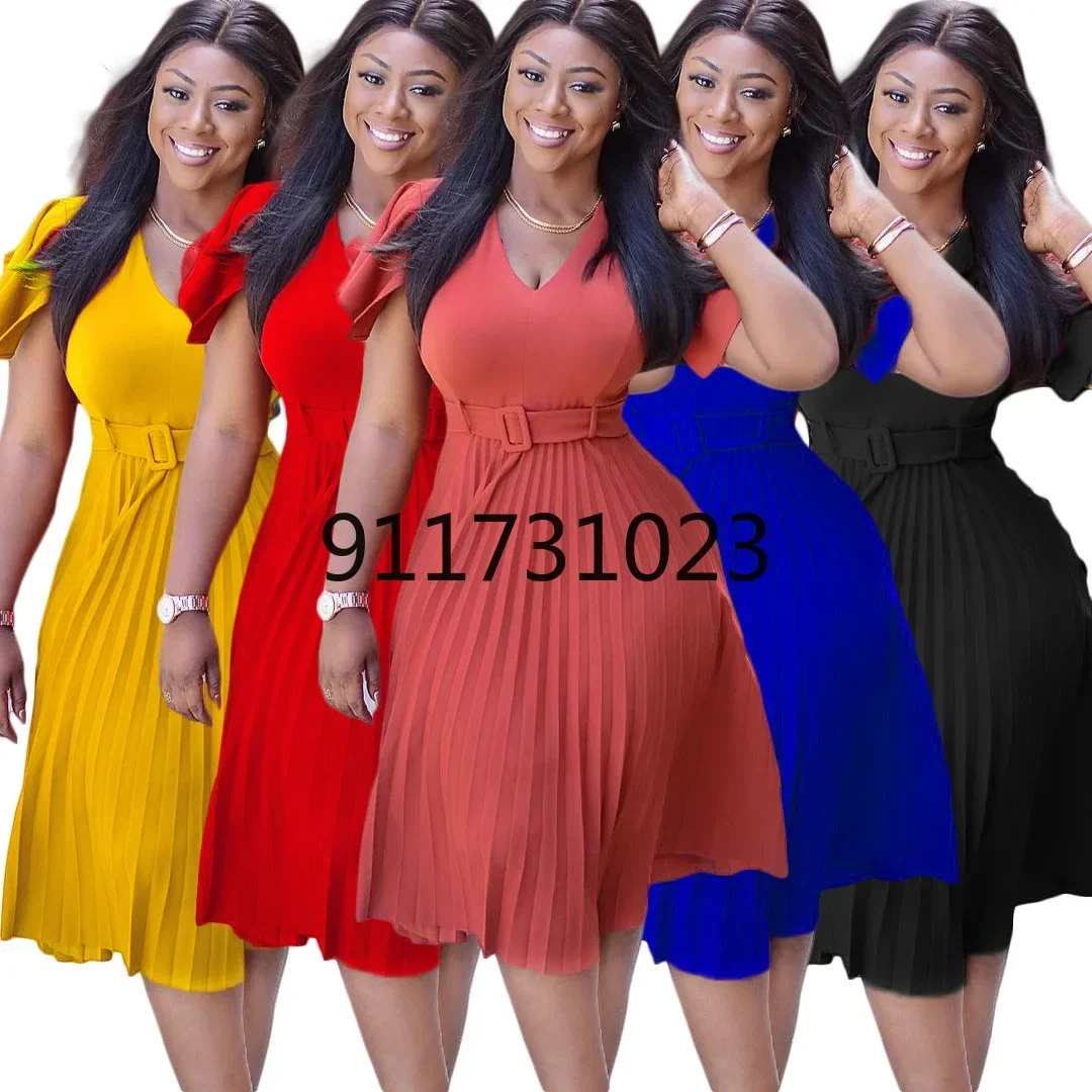 

Summer African Dresses for Women 2023 New African Women V-neck Short Sleeve Solid Color Dress African Clothes Women