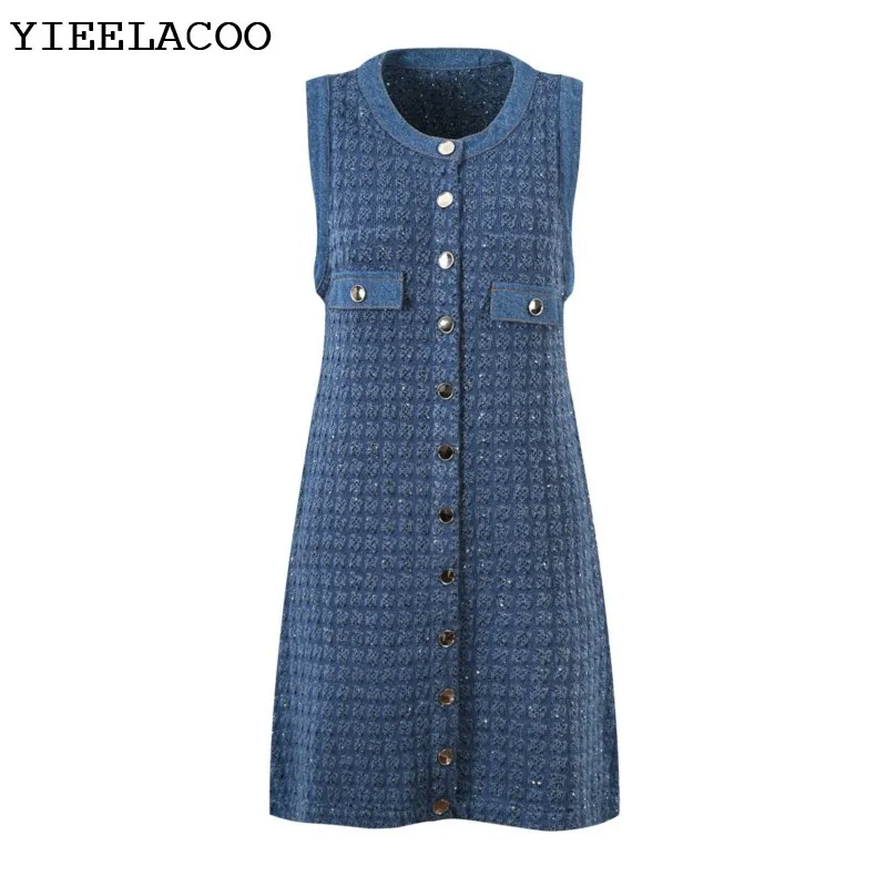 

Women's knit dress Spring/fall new design sense sequin crew neck denim single row sleeveless tank dress