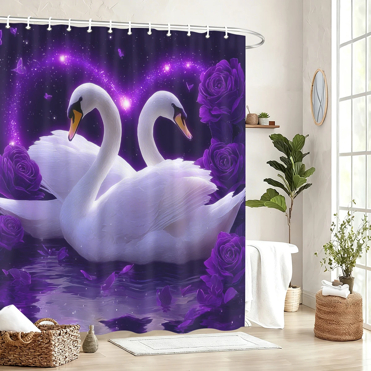 

Animal & Floral Themed Polyester Shower Curtain - Decorative Bath Curtain with Bird, Butterfly & Swan Patterns for Bathroom