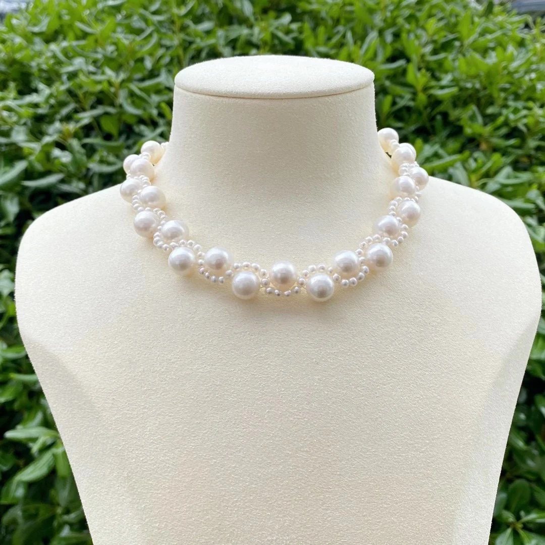 

Vintage Natural Pearl Weaving Necklace 3-4mm 9-8mm High Quality Light Large Beads Near Round Natural Freshwater Pearl Necklace