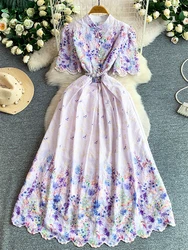 Summer Romantic Style Retro Embroidered Printed Stand Up Collar Dress for Women New Fashionable Long Dress S611