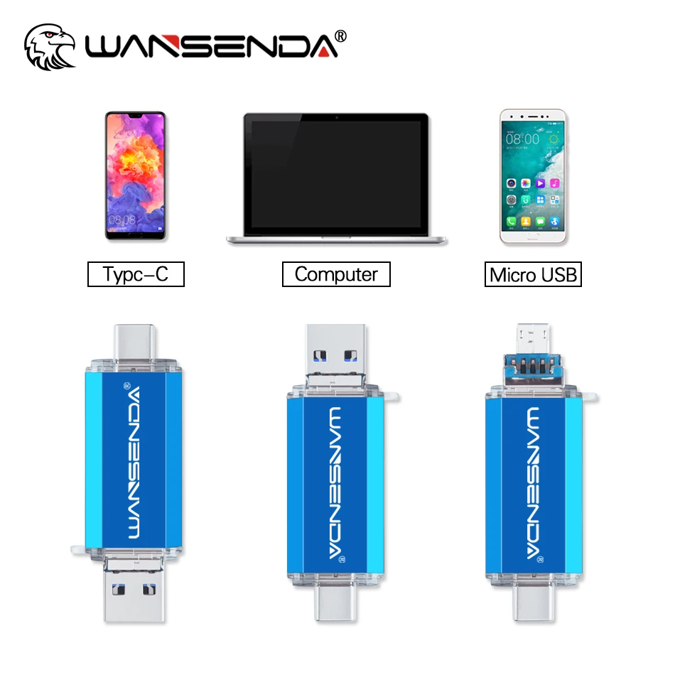 Wansenda 3-In-1 USB แฟลชไดร์ฟ USB 3.0 Type-C และไมโคร USB 512GB 256GB 128GB Pendrive 64GB 32GB OTG ไดรฟ์ปากกา Cle หน่วยความจำ