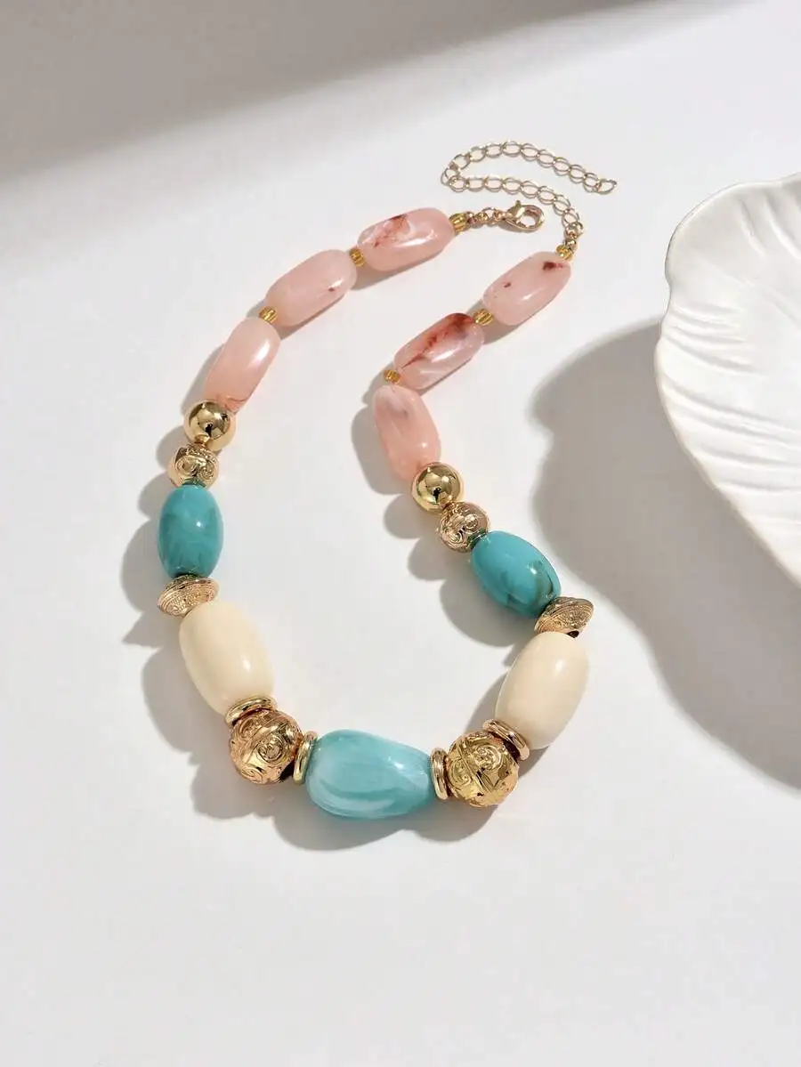 

Bohemian Style Resin Beaded Necklace With Pink Blue Cream Beads For Women