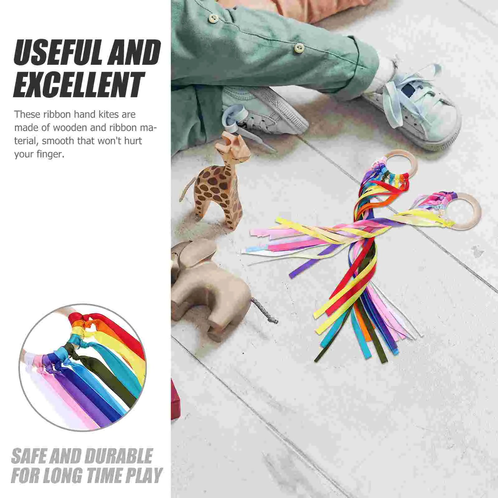 2-delig buiten kinderspeelgoed Regenbooglintringen Handvlieger Sport Polyester Streamer met bellen Houten kinderwindstokken