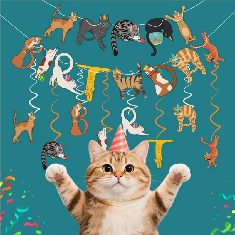 

Happy Birthday Banner with Kitten Theme, Boys and Girls Party Banner Decoration, Cat Theme Party Gift