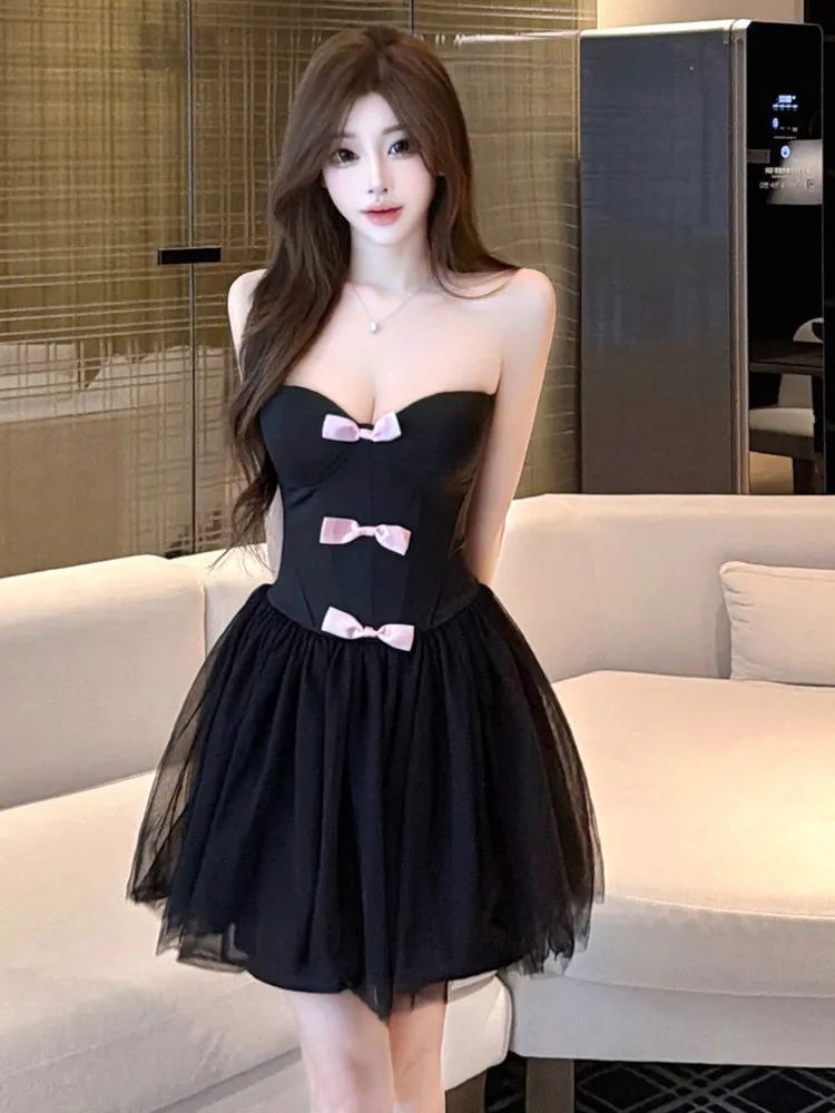 Sexy Sweet Spicy 3D  Knot Tube Top Black Dress Mesh Splice High Waist Slimming Slimming Women's Dress Casual A-Line ...