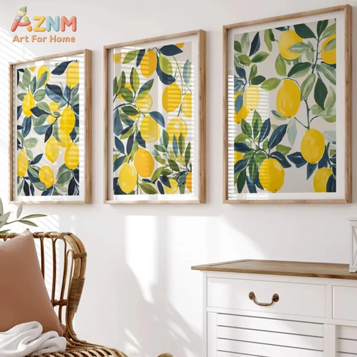 AZNM 3pcs Mediterranean Lemons Canvas Prints Poster Modern Botanical Aesthetic Art Prints Wall Art Home Decor Art Poster Gifts