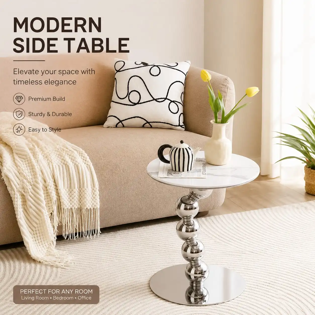 Nordic-Style Marble Coffee Table with Stainless Steel Frame – Modern Living Room Side Table for Sofa