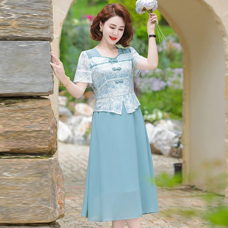 Sommer Täglich Tragen Vestido Mid-länge Chiffon Verbesserte AoDai Chinesischen Stil Floral Gedruckt Patchwork Kleid