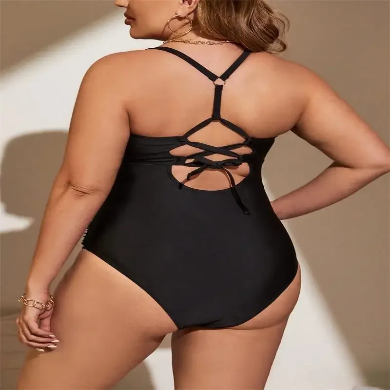 Large size one-piece swimsuit women's solid color sexy bikini backless strap swimsuit