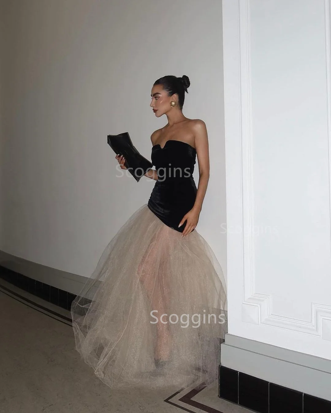 Black Generous Mermaid Evening Dresses Strapless Velour Tulle Celebrity Dress For Women Long Prom Gowns Party Dress Vestidos