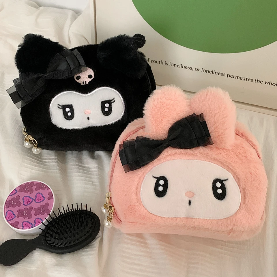 

Sanrio My Melody Kuromi Makeup Bag Cute Cartoon Bow 3D Ear Plush Handbag Girl Travel Portable Large Capacity Storage Bag gift