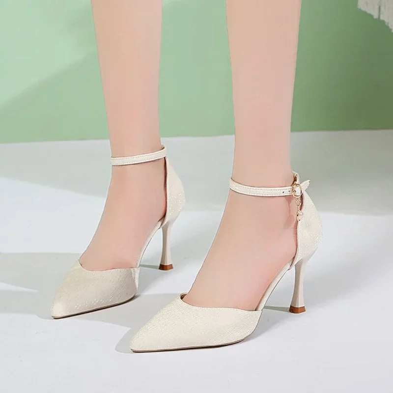 Ankle Buckle Stiletto Heels Pumps Women Sexy Super High Heel Party Shoes Woman Pointed Toe Pearl Elegant Zapato Mujer