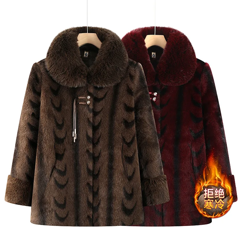 Middle Aged Elderly Women Mink Coat Winter Thicken Cotton Padded Faux Fur Jacket High End Grandma Velvet Fur Overcoat Outerwear