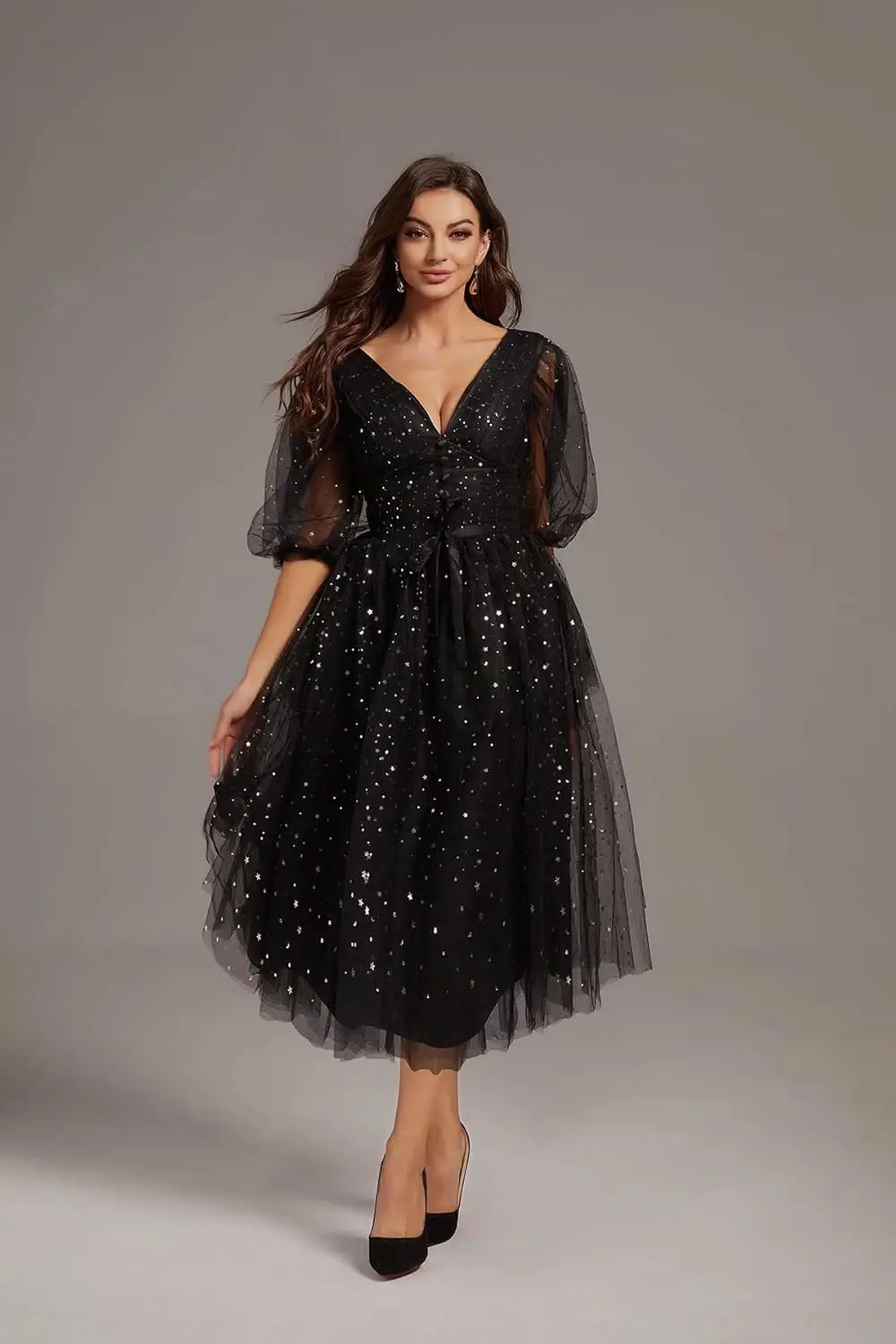 ชุดราตรีผ้าทูลล์แต่งดาวระยิบระยับสำหรับผู้หญิง แขนพอง ผ่าข้าง ชุดออกงานกลางคืน ชุดงานพรอม ชุดเดรสหรูหราสำหรับงานกลับบ้าน