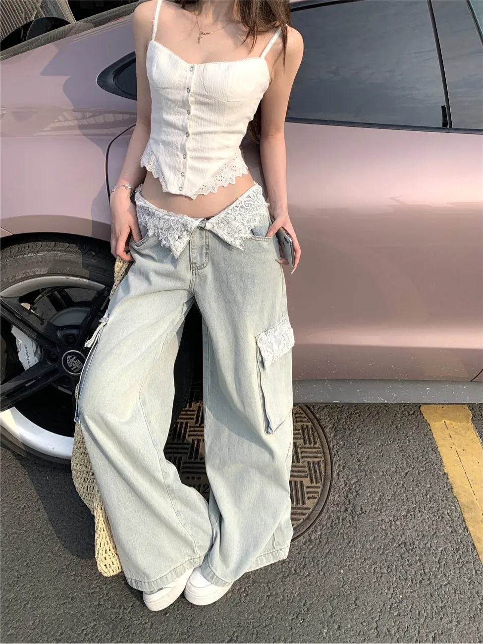 Blue Womens Jeans High Waist Vintage Straight Baggy Pants Y2K Hip Hop Design Sense Streetwear American Wide Leg Denim Trouser