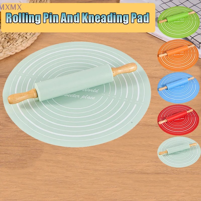 Silicone Dough Mat And Non-Stick Rolling Pin Set Acrylic Embossed Rolling Pin Kneading Nonslip Board For Pizza Bread Baking Tool