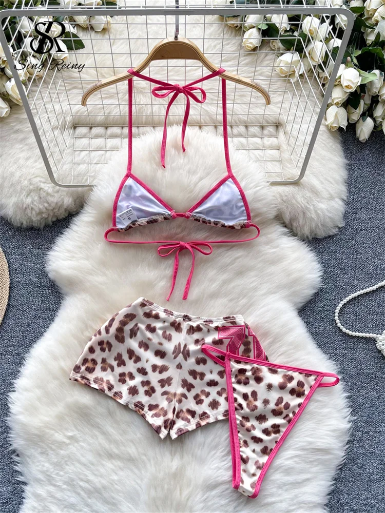 SINGREINY Leopard Bikini Hotsweet Three Piece Set Halter Bra+Slim Shorts+Mini Briefs 2024 Women Lace-Up Backless Sexy Suits